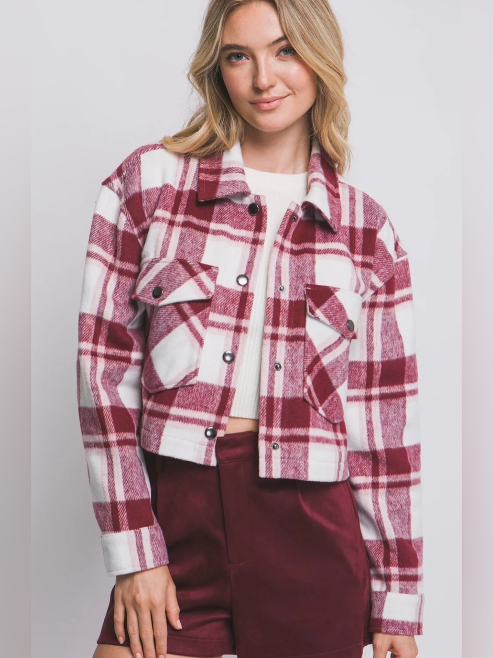 Love Tree Burgundy Plaid Cropped Shacket Jacket Medium NWT